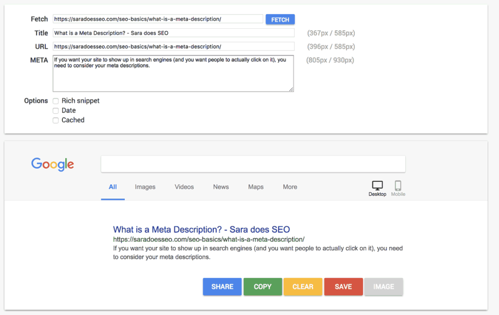 Testing a meta description length using SERPsim