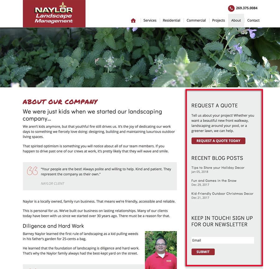 A website design with the sidebar highlighted