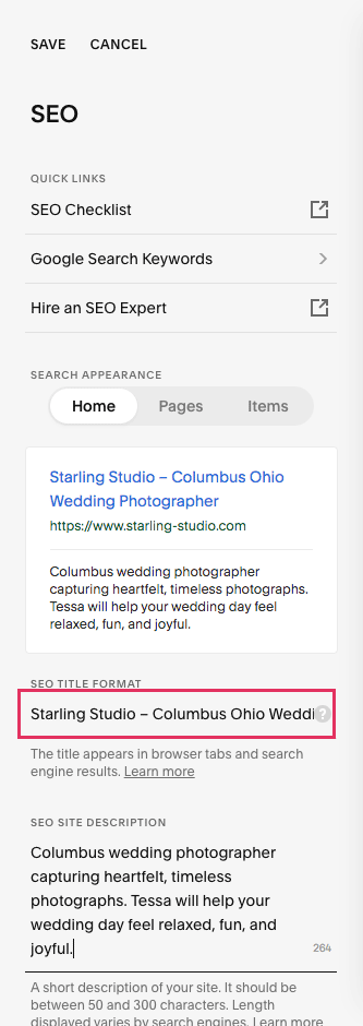Squarespace SEO settings with SEO title format highlighted
