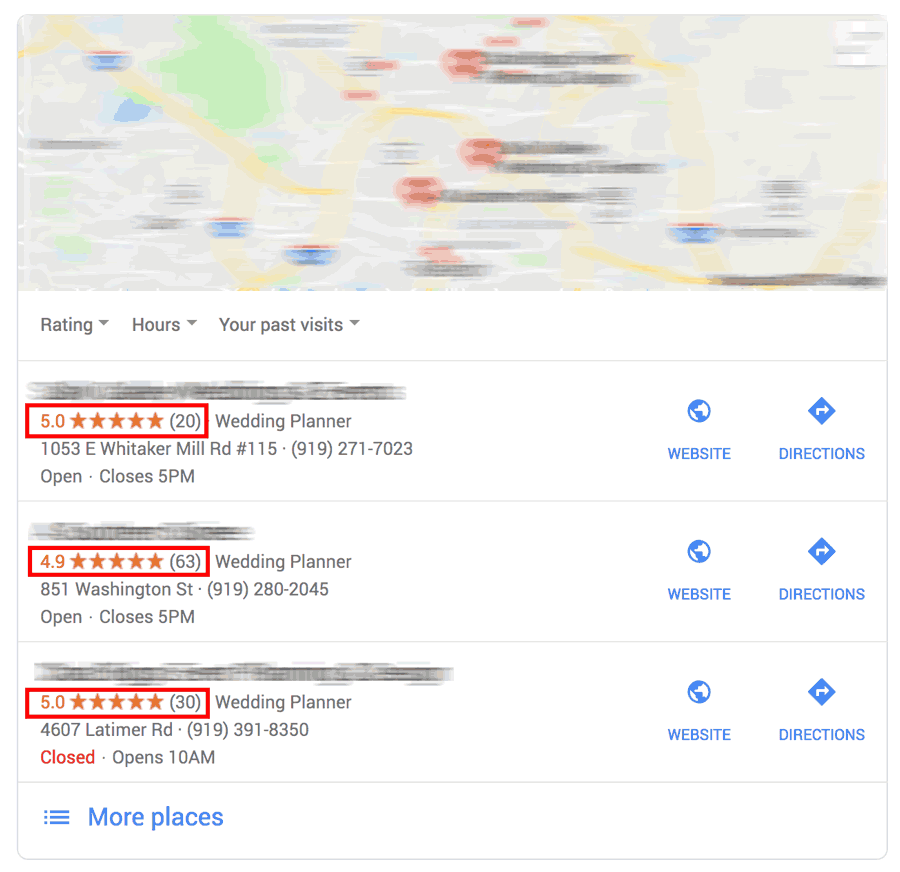 Google map results for wedding planner search