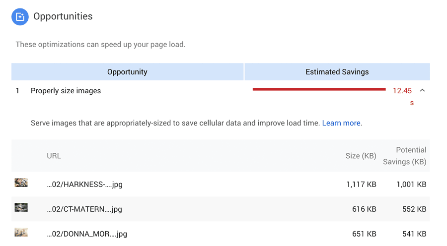 Google page speed insights results