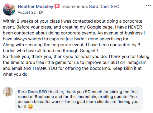 Facebook review for Wedding SEO Bootcamp