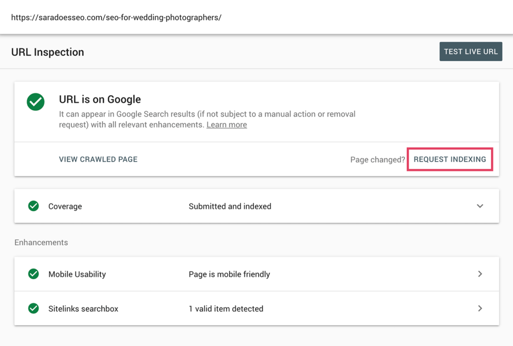 Google Search Console with Request Indexing highlighted