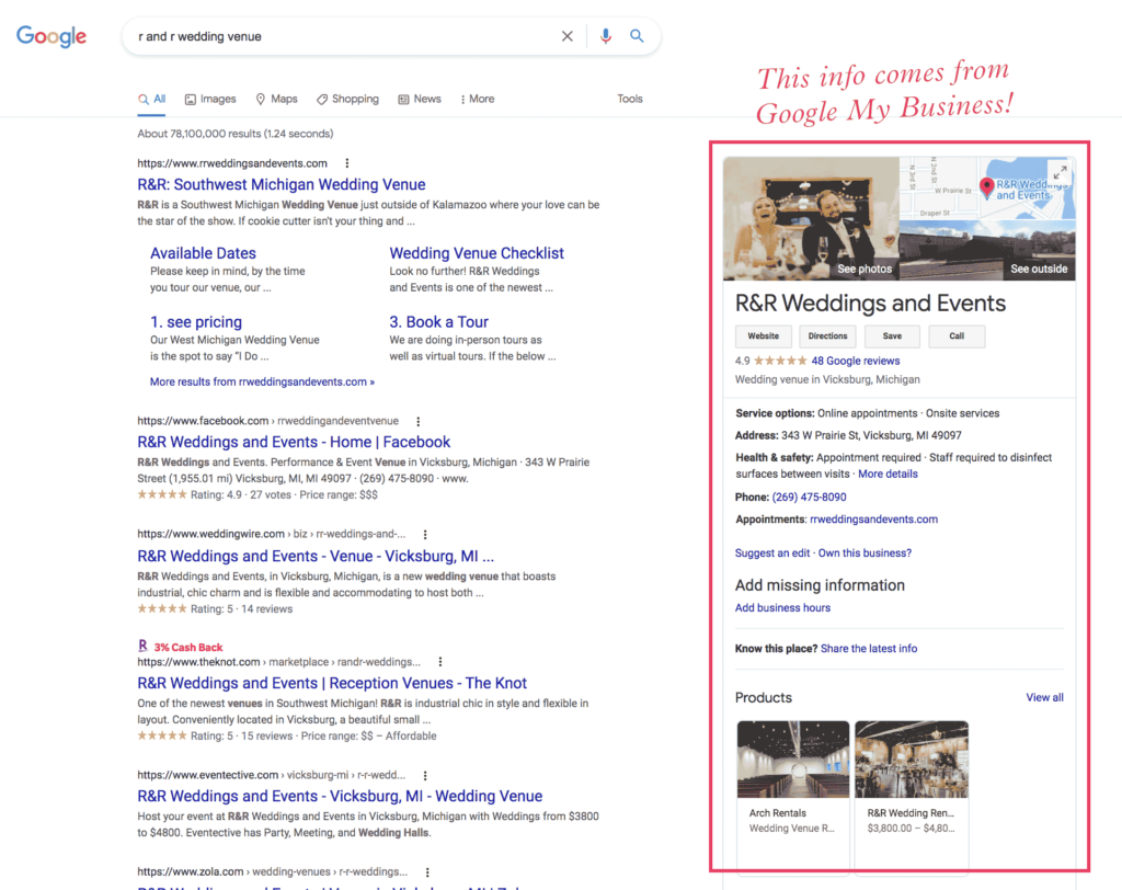 wedding venue Google My Business listing example