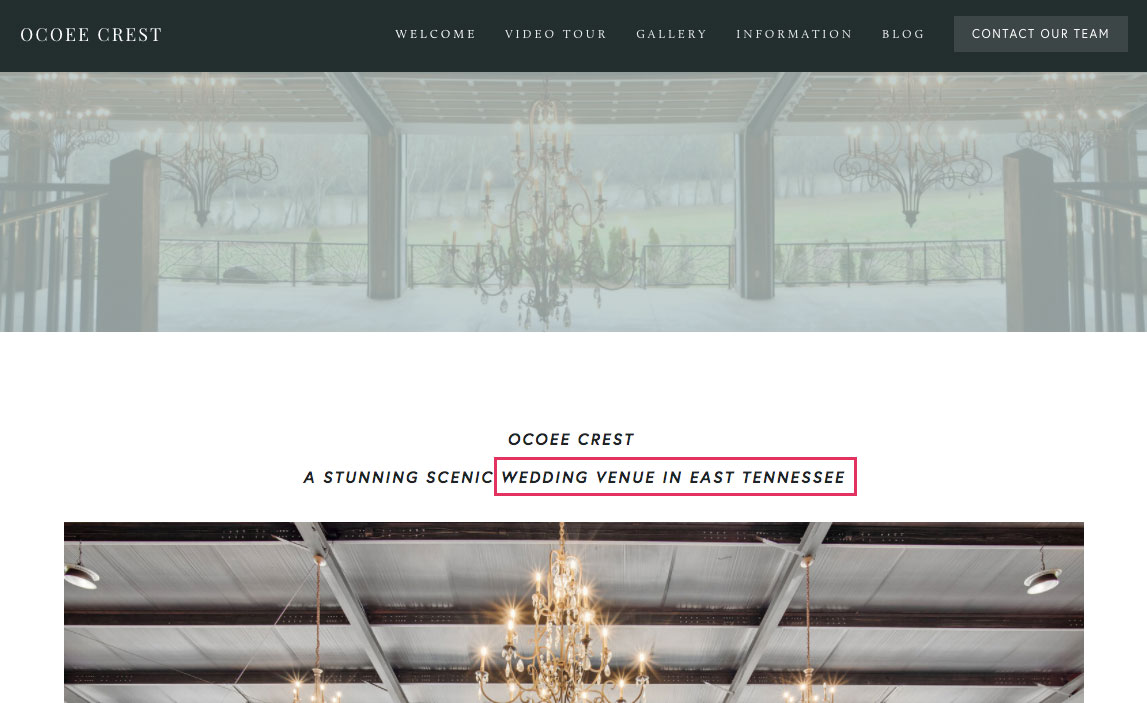 Wedding venue SEO keyword on home page