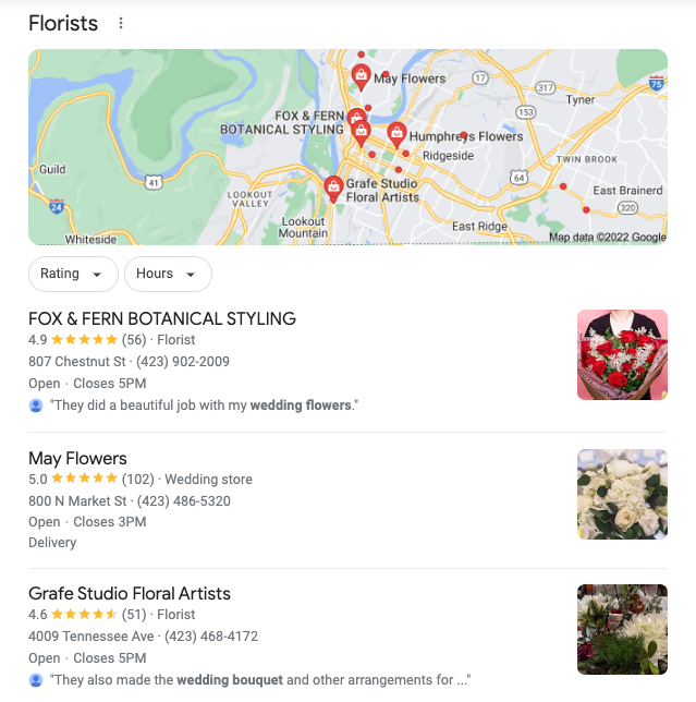 wedding florist search results on Google for wedding bouquet