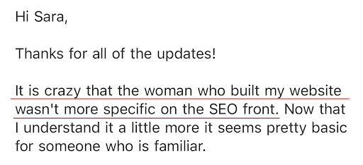 Email from client about web designer's SEO mistakes