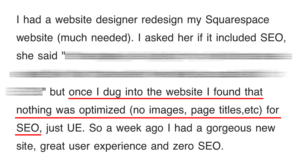 zero SEO on Squarespace thanks to a web designer