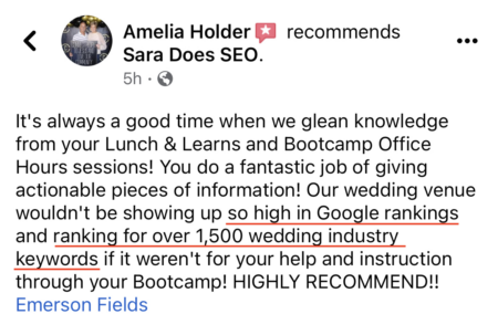 Facebook review for Wedding SEO Bootcamp