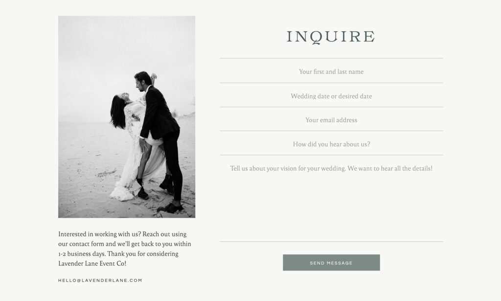 Contact page on wedding planner Showit website template