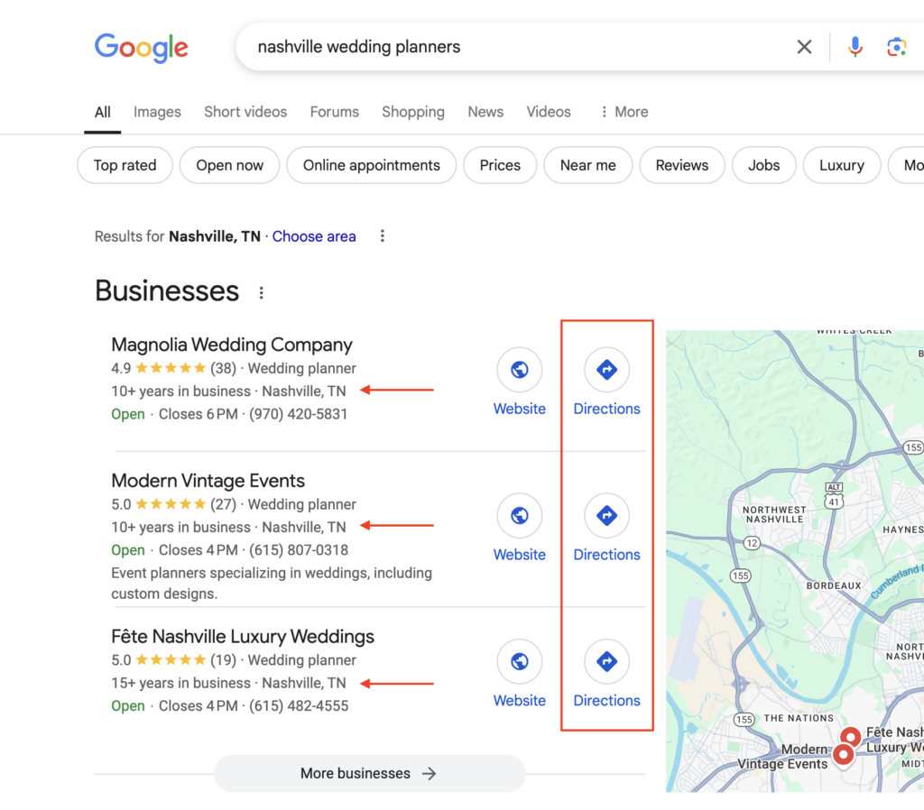 Examples of businesses with public addresses on Google