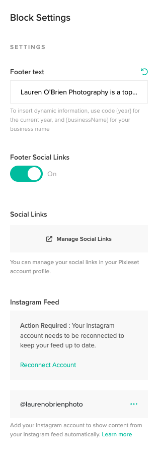 Pixieset footer settings